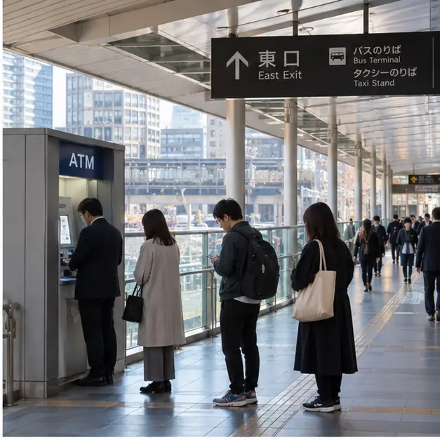 ATMの順番を待つ利用者